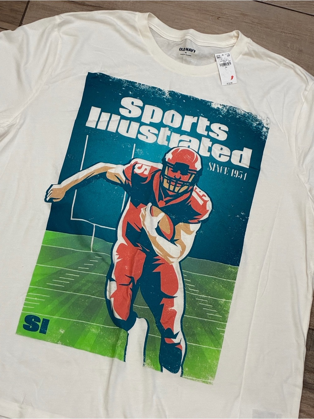 Old Navy White Sports Illustrated Football Graphic Tee with Red & Green Print